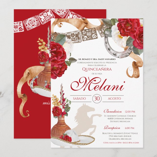Red Western Rose Charra Ranchera Quinceanera Invitation (Front/Back)