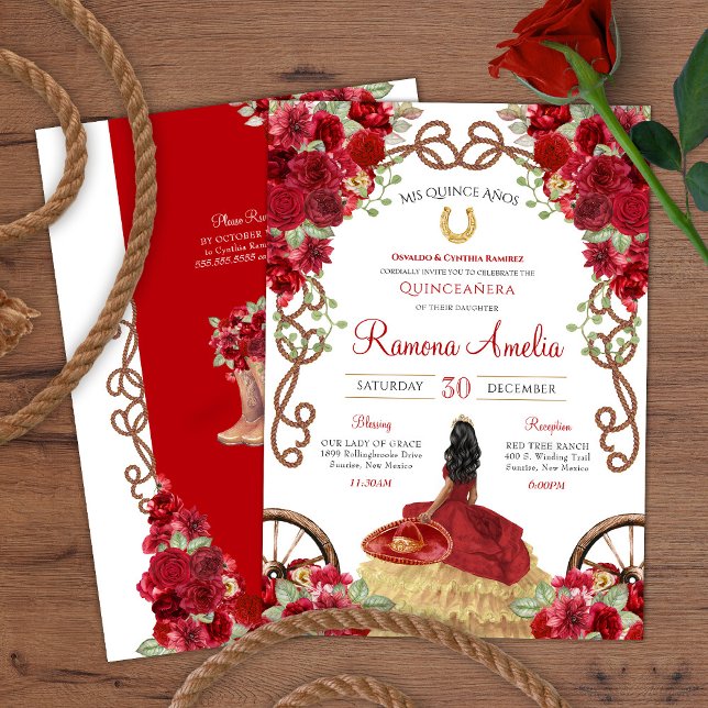 Red Western Rustic Floral Charra Quinceanera  Invitation (Creator Uploaded)