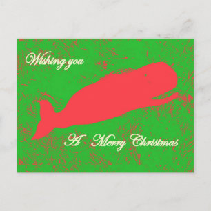 red whale on green christmas postcard