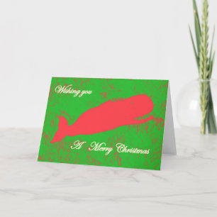 red whale on green merry christmas greeting card