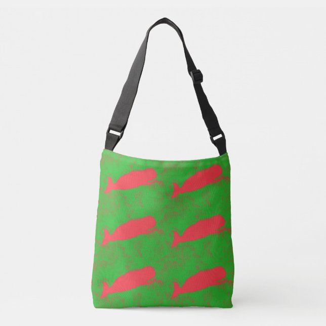 red  whales design green crossbody bag (Front)
