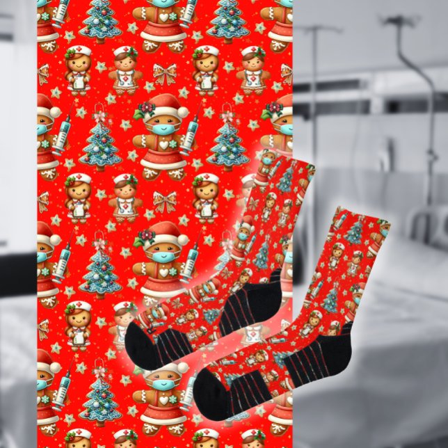Red Whimsical Christmas Gingerbread Girl Nurse  Socks (Creator Uploaded)