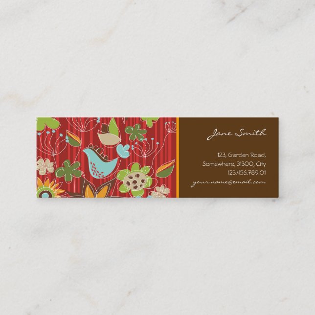 Red Whimsical Floral Garden Bird Nature Flowers Mini Business Card (Front)