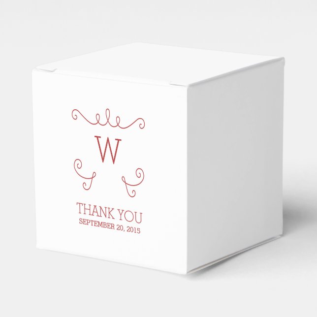 Red Whimsical Flourish Monogram Favour Boxes (Front Side)