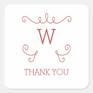 Red Whimsical Flourish Monogram Thank You Square Sticker