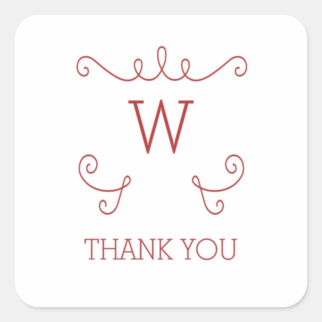 Red Whimsical Flourish Monogram Thank You Square Sticker (Front)