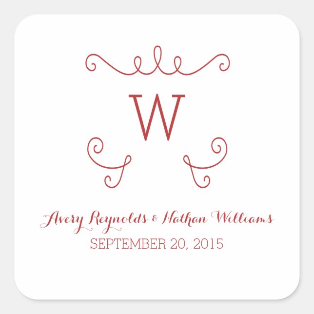 Red Whimsical Flourish Monogram Wedding Stickers (Front)