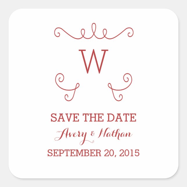 Red Whimsical Flourish Save the Date Stickers (Front)