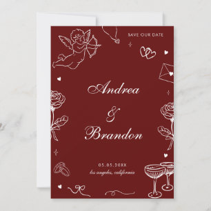 Red Whimsical Hand Drawn Fun Scribble Wedding Save The Date