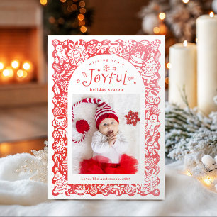 Red Whimsical Hand Drawn Joyful Holiday Photo Card