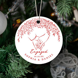 Red Whimsical Hands Our First Christmas Engaged Ceramic Ornament