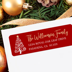 Red Whimsical Playful Christmas Tree Bold Script Return Address Label