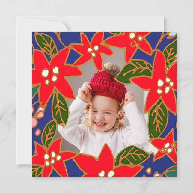Red Whimsical Poinsettias Holiday Photocard Card (Front)