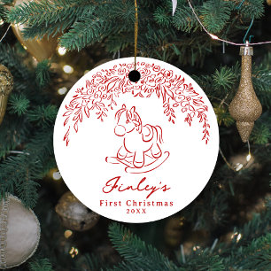 Red Whimsical rocking horse Baby's 1st Christmas Ceramic Ornament