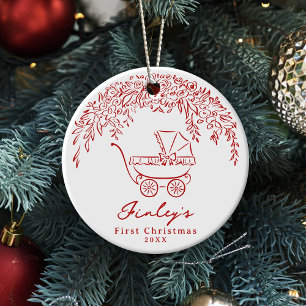Red Whimsical Stroller Baby's First Christmas Ceramic Ornament