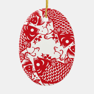 Red Whirling Koi Carp Fish Group Ceramic Tree Decoration