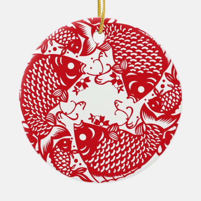 Red Whirling Koi Carp Fish Group Ceramic Tree Decoration (Front)
