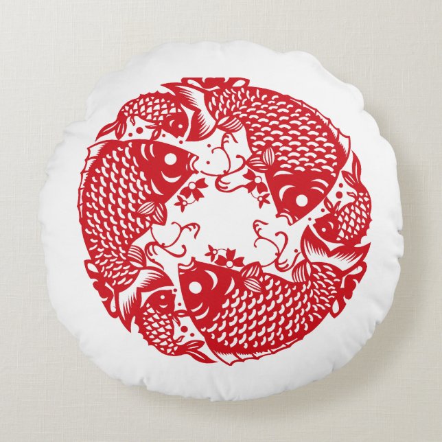 Red Whirling Koi Carp Fish Group Classic Round P Round Cushion (Front)