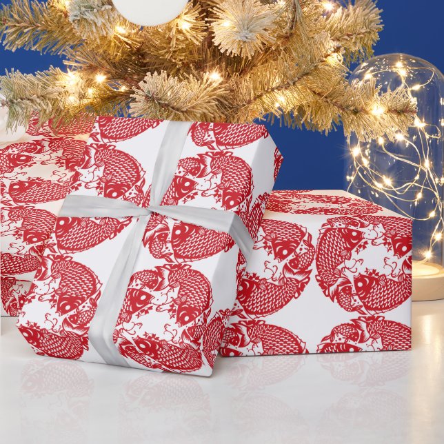 Red Whirling Koi Carp Fish Group Wrapping Paper 1 (Holidays)