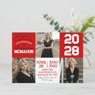 Red & White 3 Photo Graduation Invitation