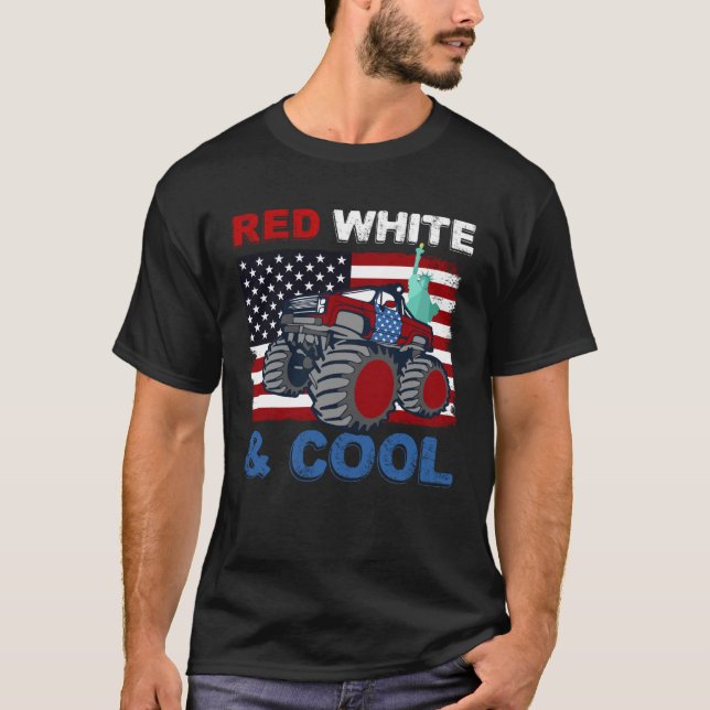 Red White 4th of July Cool Monster Truck USA Ameri T-Shirt (Front)