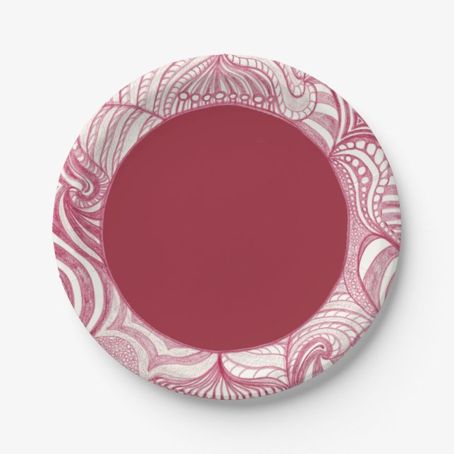 Red White Abstract Drawing Circle Paper Plates (Front)