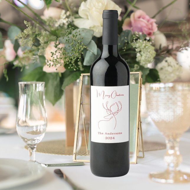 Red white abstract reindeer modern Christmas Wine Label (Creator Uploaded)