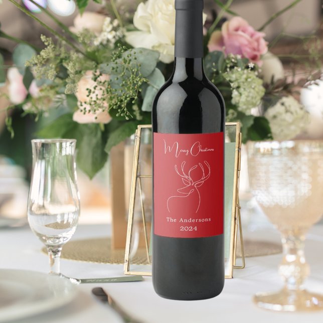 Red white abstract reindeer modern Christmas Wine Label (Creator Uploaded)