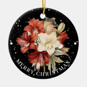  Red & White Amaryllis on Black Merry Christmas  Ceramic Ornament