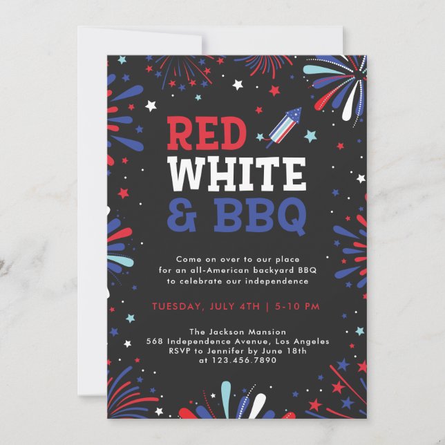 Red white and BBQ 4th july patriotic fireworks Invitation (Front)