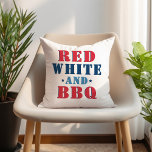 Red White and BBQ Fourth of July Cushion<br><div class="desc">Stylish Fourth of July holiday pillow design features a fun "Red White and BBQ" typography design in red,  white,  blue,  navy colours with star accents. A coordinating navy blue with white star pattern appear on the back.</div>