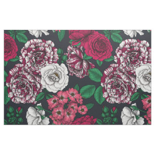 Red, white and bi-colour roses with green leaves o fabric