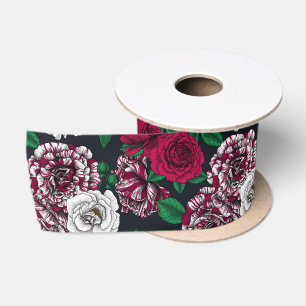 Red, white and bi-colour roses with green leaves o satin ribbon