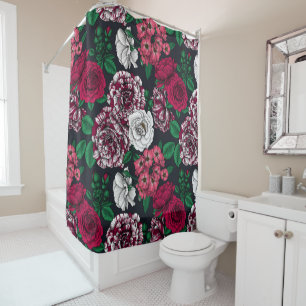 Red, white and bi-colour roses with green leaves o shower curtain