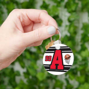 Red, White and Black Basketball Letter and Number Key Ring