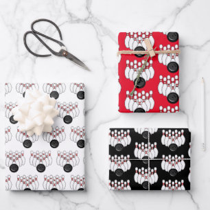 Red, White and Black Bowling Balls and Pins Wrapping Paper Sheet