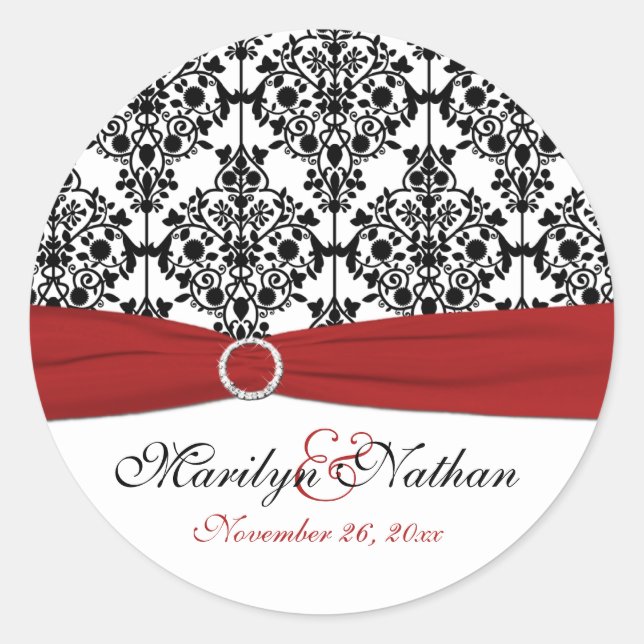 Red, White, and Black Damask 1.5" Round Sticker (Front)