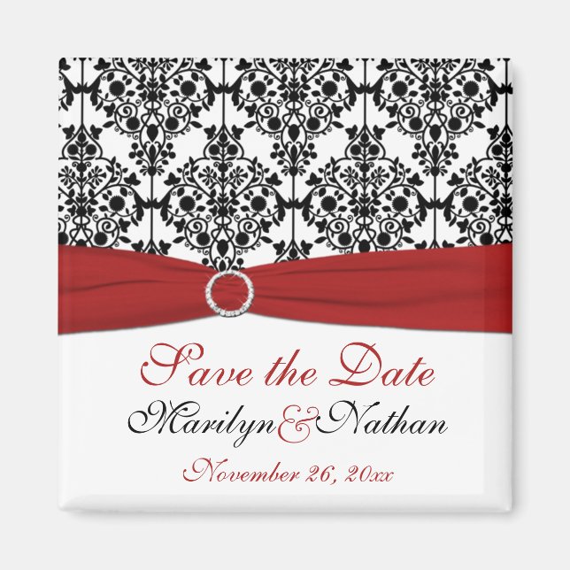 Red, White, and Black Damask Wedding Favour Magnet (Front)