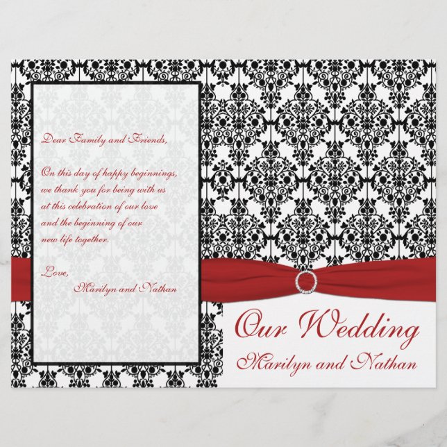 Red, White, and Black Damask Wedding Program (Front)