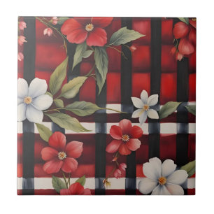 Red White and Black Farmhouse Floral Check Ceramic Tile