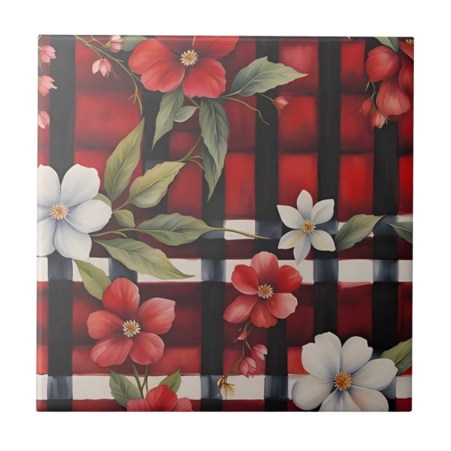 Red White and Black Farmhouse Floral Check Ceramic Tile (Front)