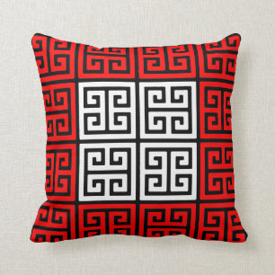 Red White and Black Greek Key Pattern Throw Pillow