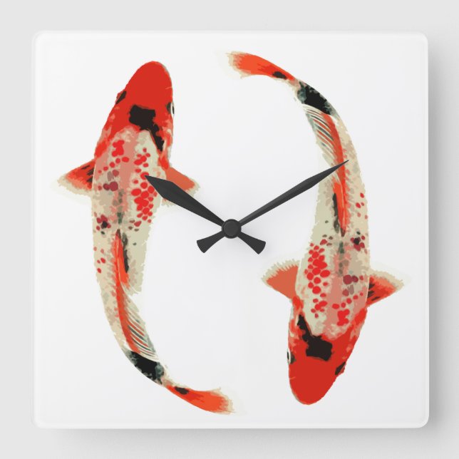 Red, White, and Black Koi Fish Square Wall Clock (Front)