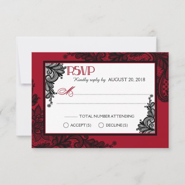 Red White and Black Lace Elegant RSVP Card (Front)