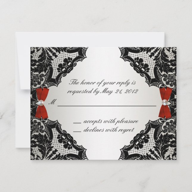 Red, white and Black lace Wedding RSVP Card (Front)
