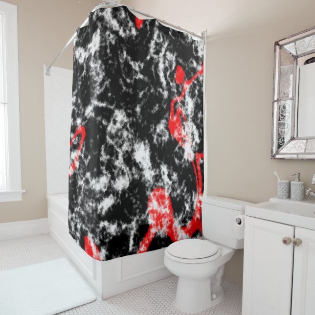 Red, White and Black Marble Abstract Shower Curtain (In Situ)
