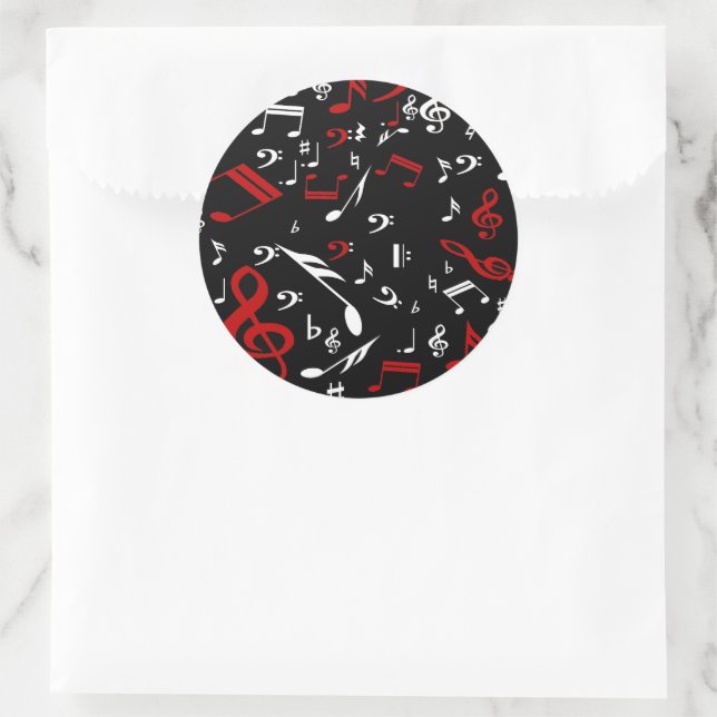 Red White and Black Musical Notes Classic Round Sticker (Bag)
