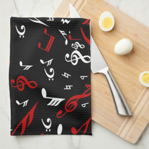 Red White and Black Musical Notes Tea Towel