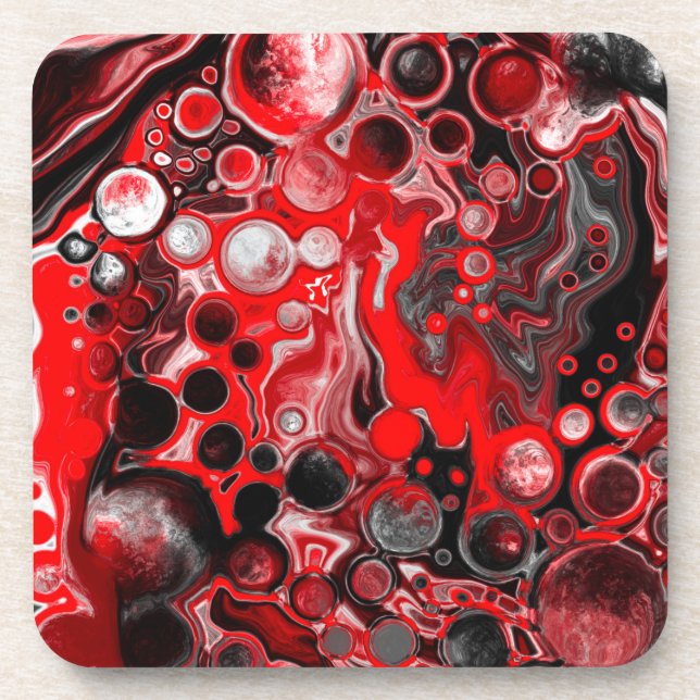 Red White and Black Pour Painting Effect Fluid Art Coaster (Front)