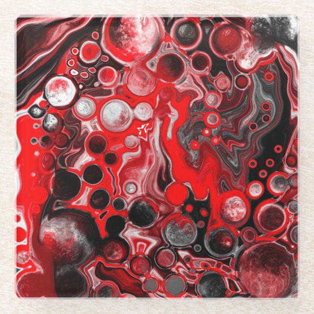 Red White and Black Pour Painting Effect Fluid Art Glass Coaster (Front)